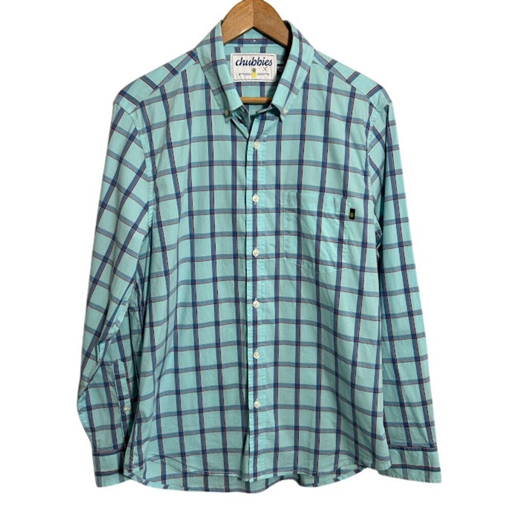 Chubbies Mens Long Sleeve Button Down Shirt M Blue Plaid Cotton Blend Preppy